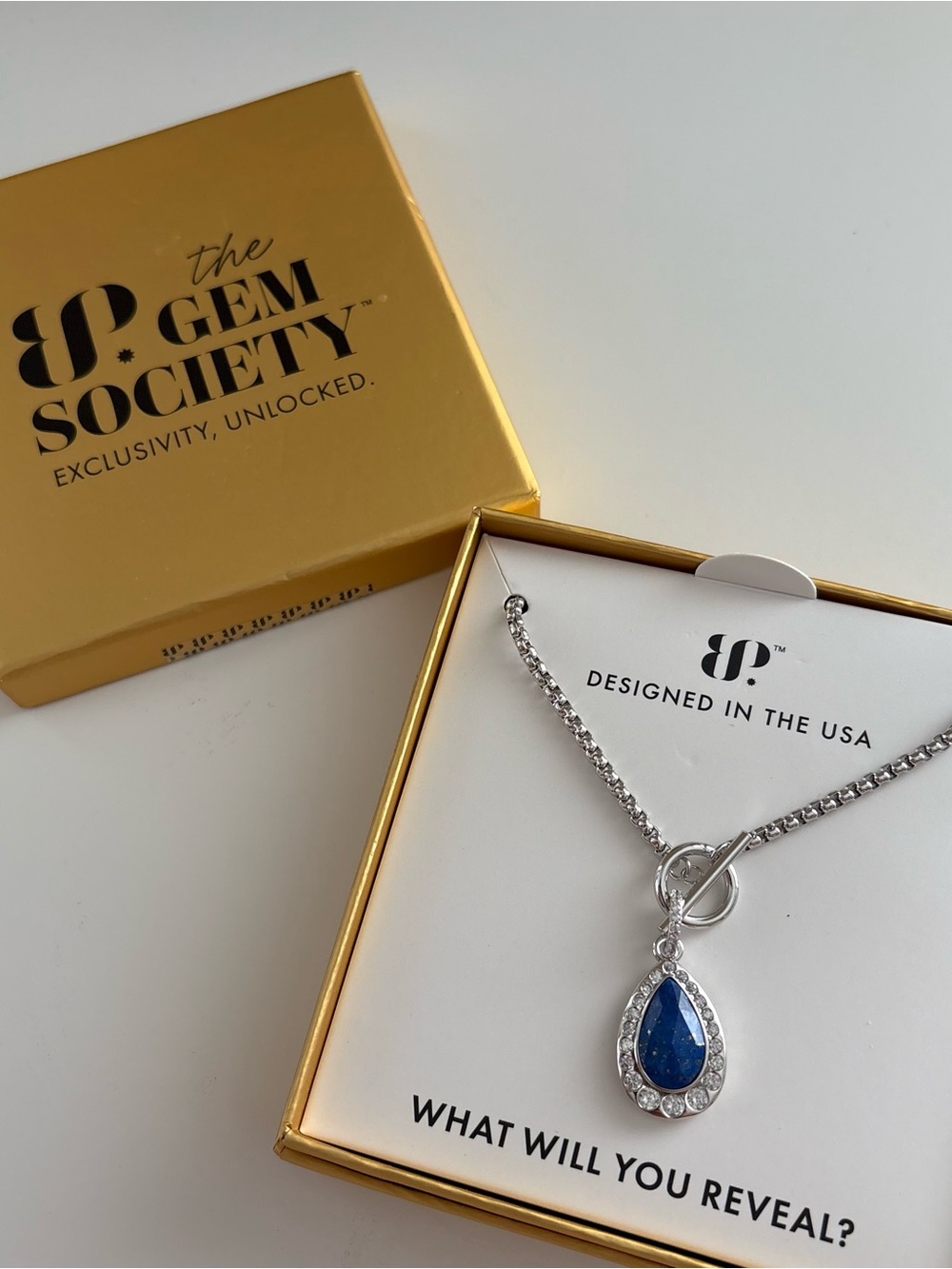 Bomb Party Gem Society Exclusive The Golden Drop Necklace Genuine Lapis Rhodium
